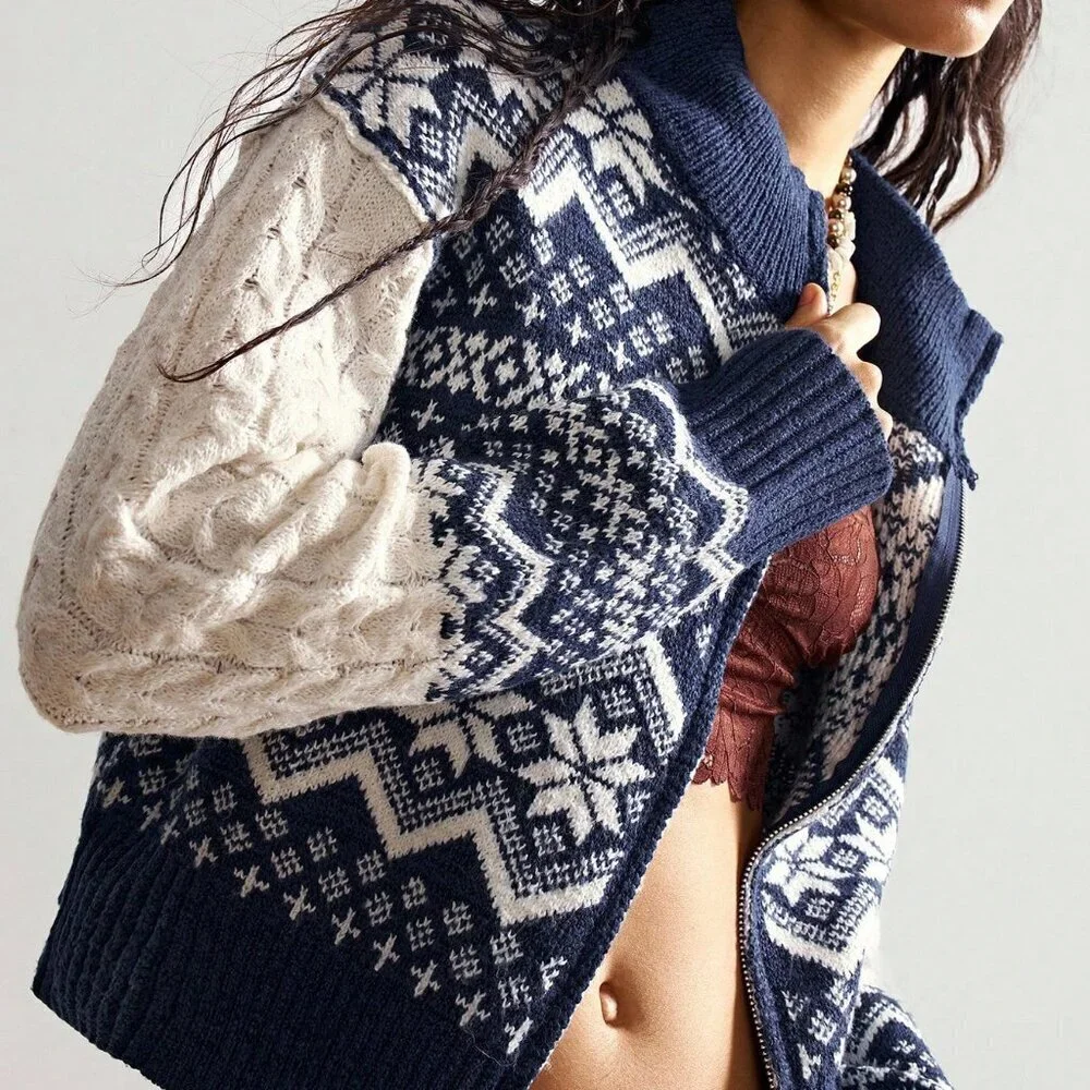 Womens Blue High Neck Zip up Fair Isle Print Chunky Cable Knit Cardigan